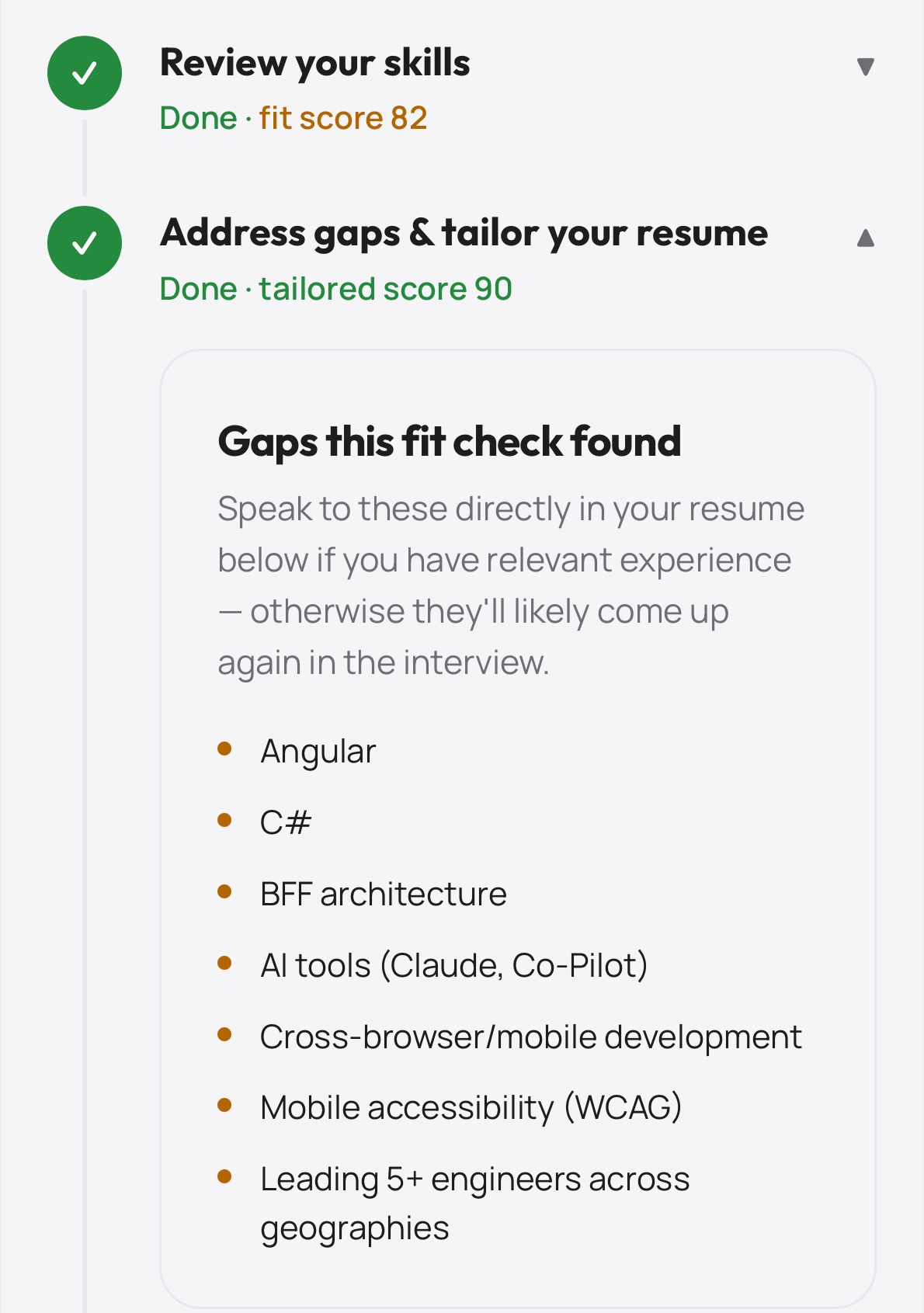 Gaps found by the fit check: Angular, C#, BFF architecture, AI tools, cross-browser and mobile development, mobile accessibility, and leading engineers across geographies.